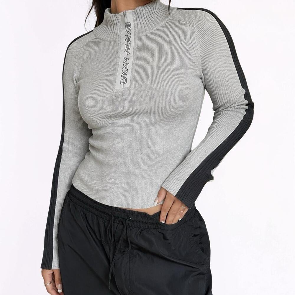 Vintage DKNY Jeans Gray Half Zip Mock Neck Knit Sweater Women’s Large